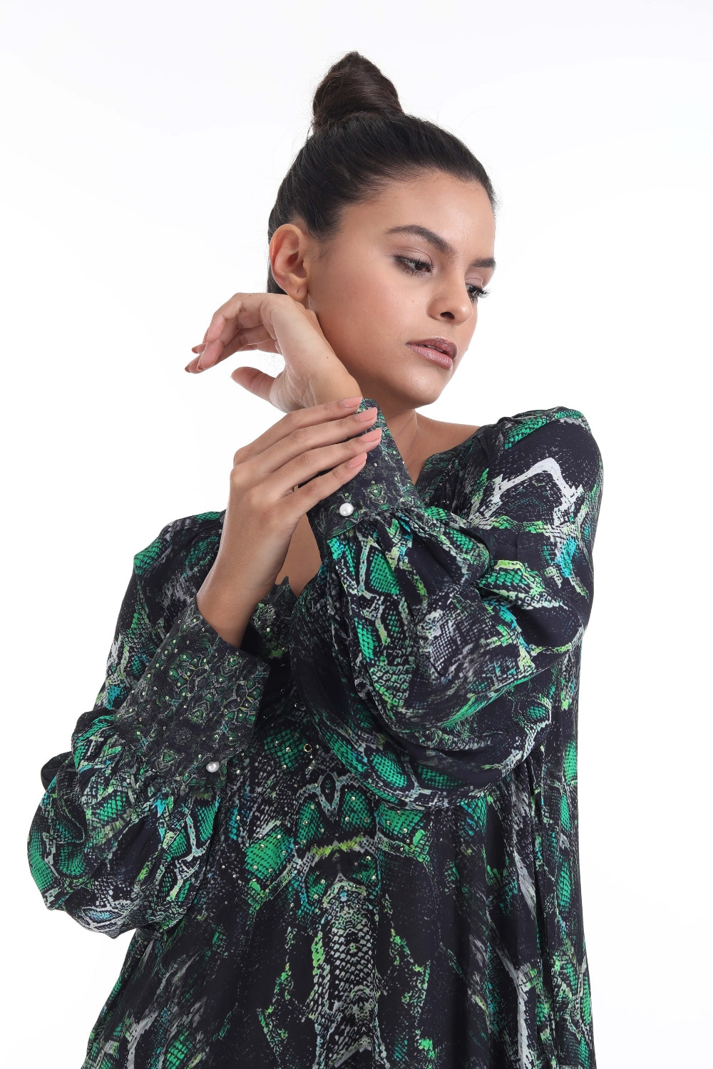 Front view of the Green, Yellow & Black Seraphin Cynthia Midi Dress (TheSwankStore) Soft Viscose fabric