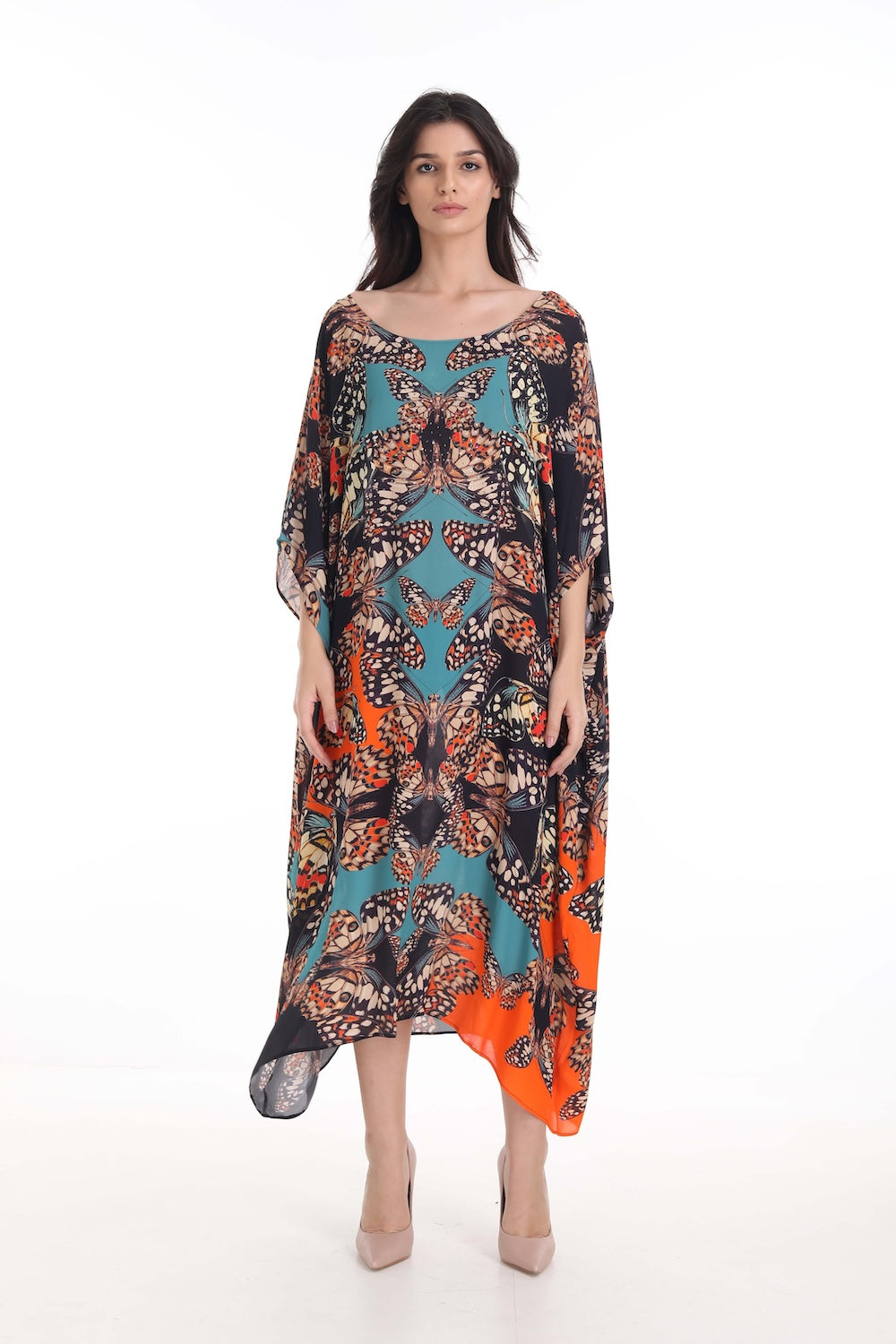 Front view of the Orange, White & Black Corasone Box Kaftan (TheSwankStore) Soft Viscose fabric