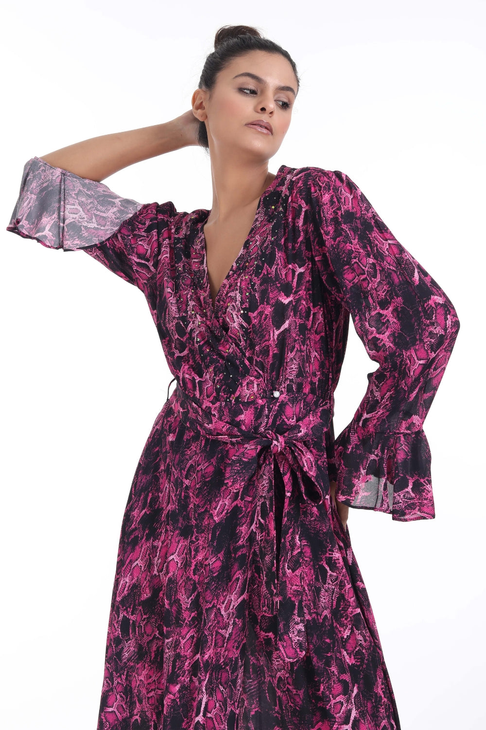 Front view of the Green, Yellow & Pink Seraphin Maxi Robe Dress (TheSwankStore) Soft Viscose fabric