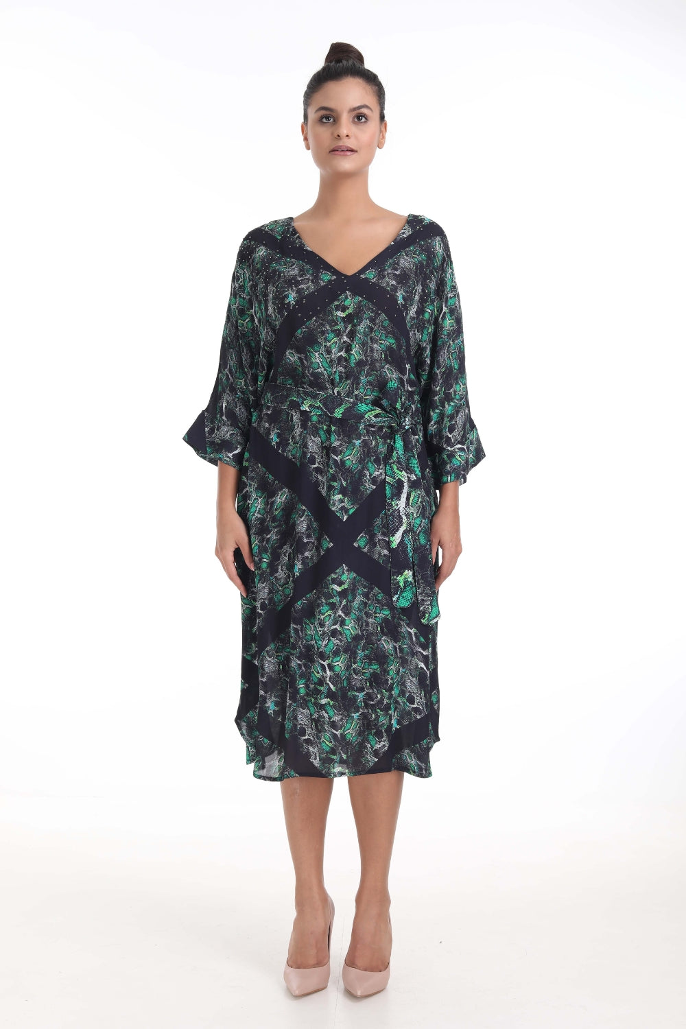 Front view of the Green, Yellow & Black Seraphin Midi Fish Dress (TheSwankStore) Soft Viscose fabric