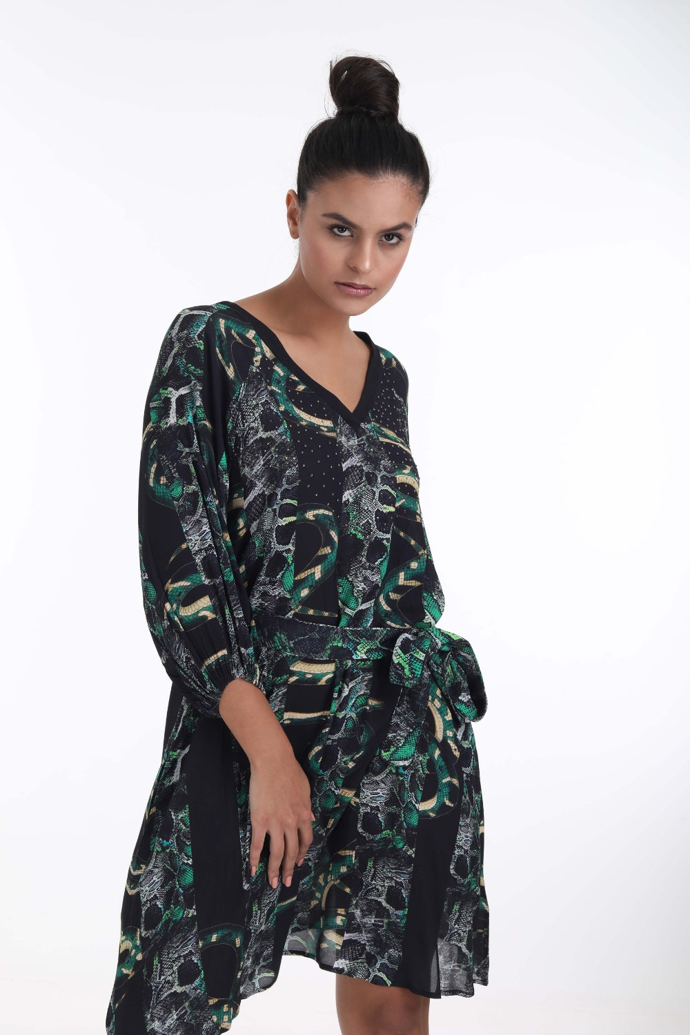 Front view of the Green, Yellow & Black Seraphin Midi Dress Slit Sleeve (TheSwankStore) Soft Viscose fabric