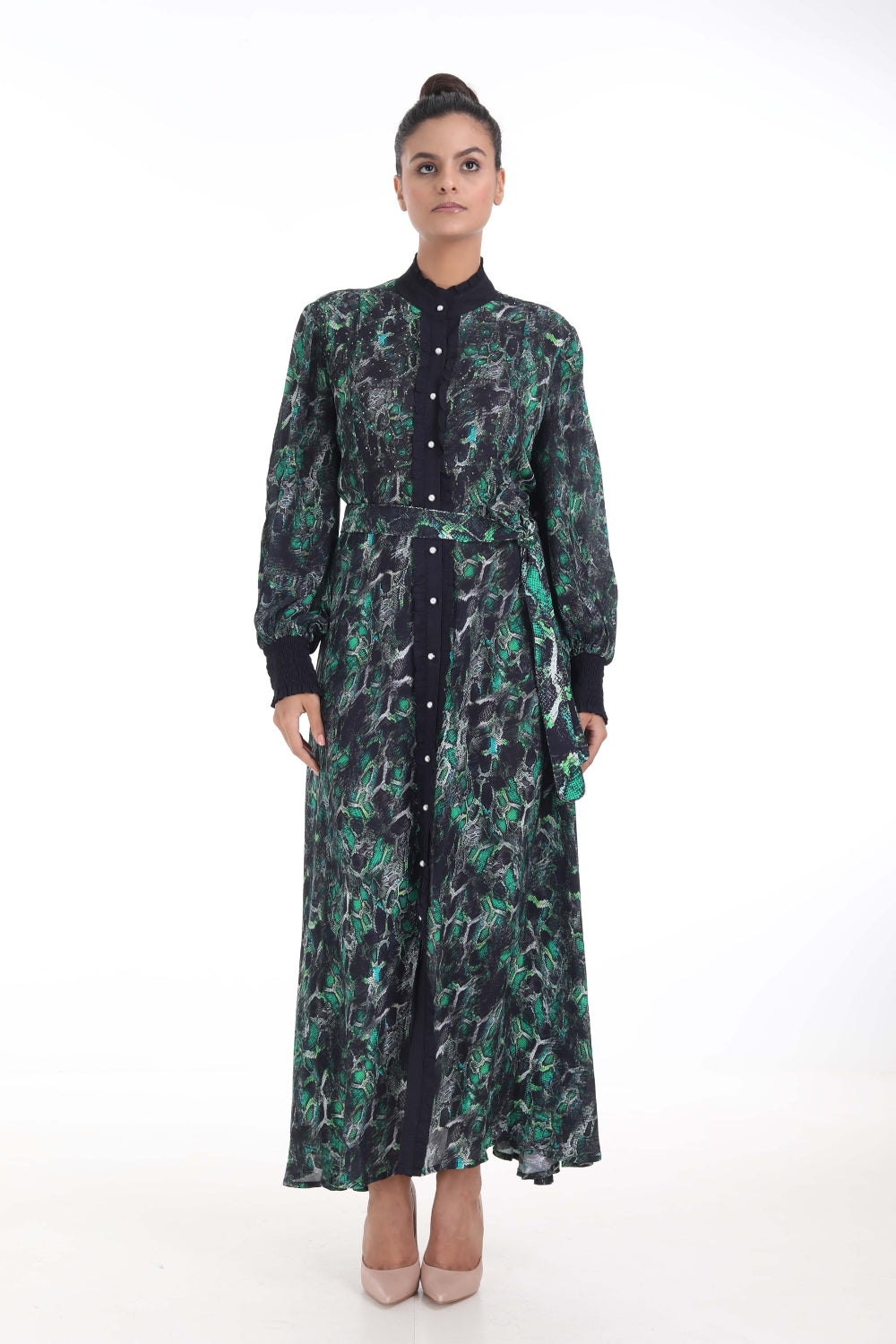 Front view of the Green, Yellow & Black Seraphin Freya Maxi Dress (TheSwankStore) Soft Viscose fabric