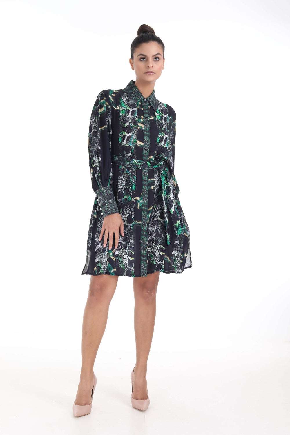 Front view of the Green, Yellow & Black Seraphin Midi Shirt Dress (TheSwankStore) Soft Viscose fabric