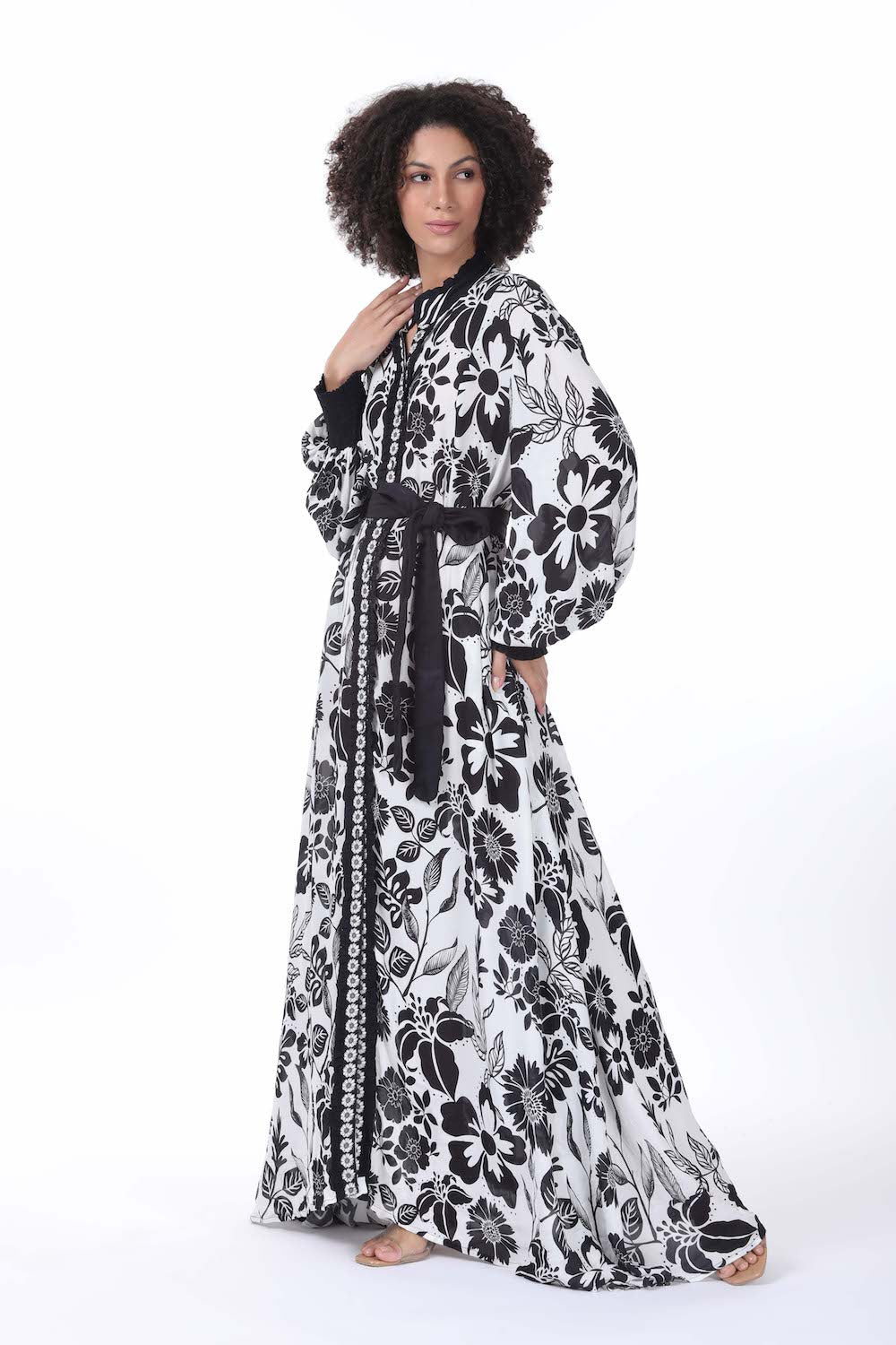 Side view of the black and white Avanti Long Freya Dress (TheSwankStore) with Viscose Crepe fabric