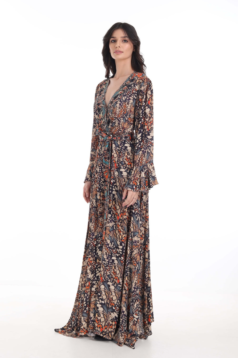 Side view of the Orange, White & Black Corasone Luxe Robe Gown (TheSwankStore) Soft Viscose fabric