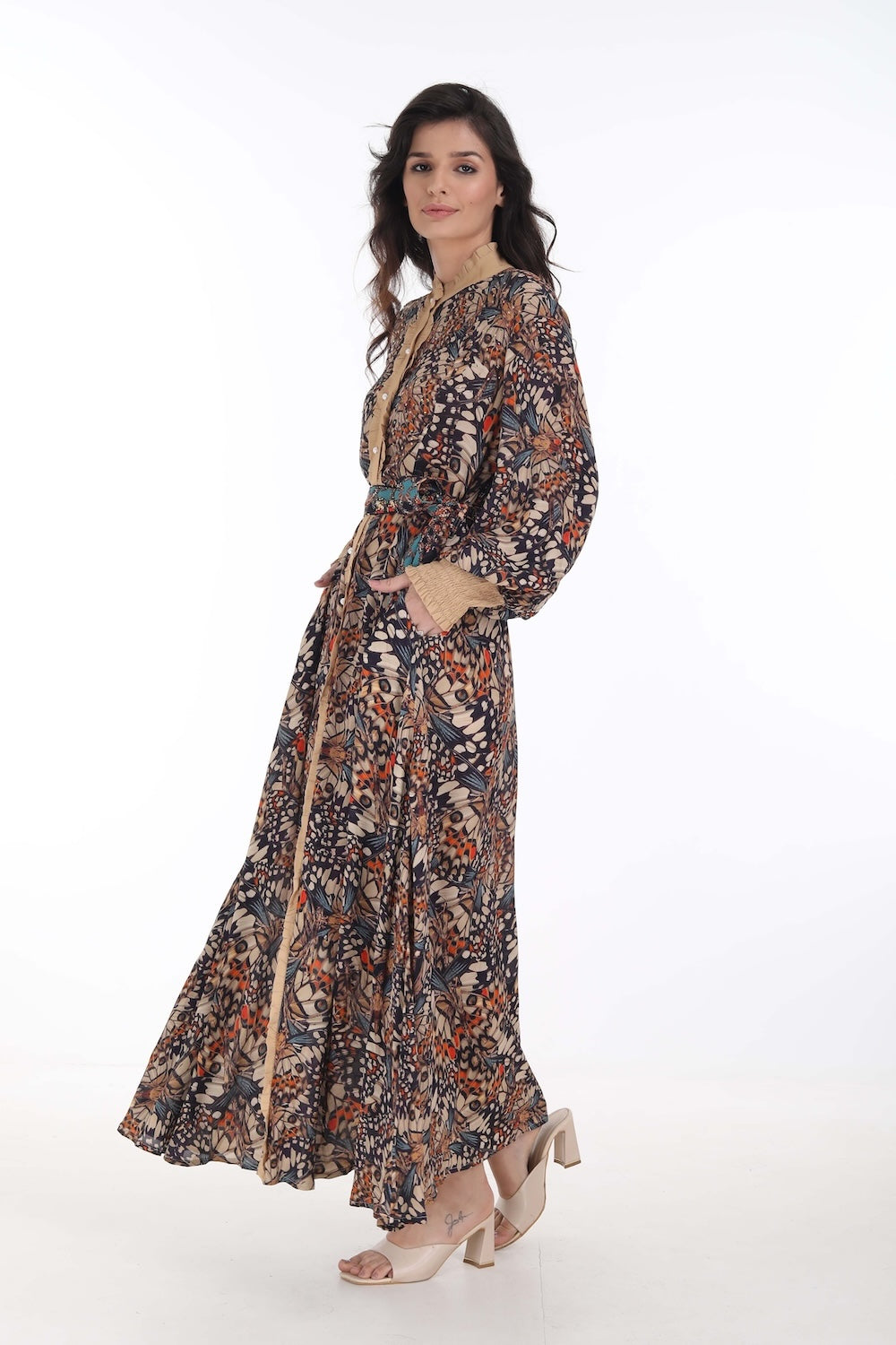 Side view of the Orange, White & Black Corasone Long Freya Dress (TheSwankStore) Soft Viscose fabric