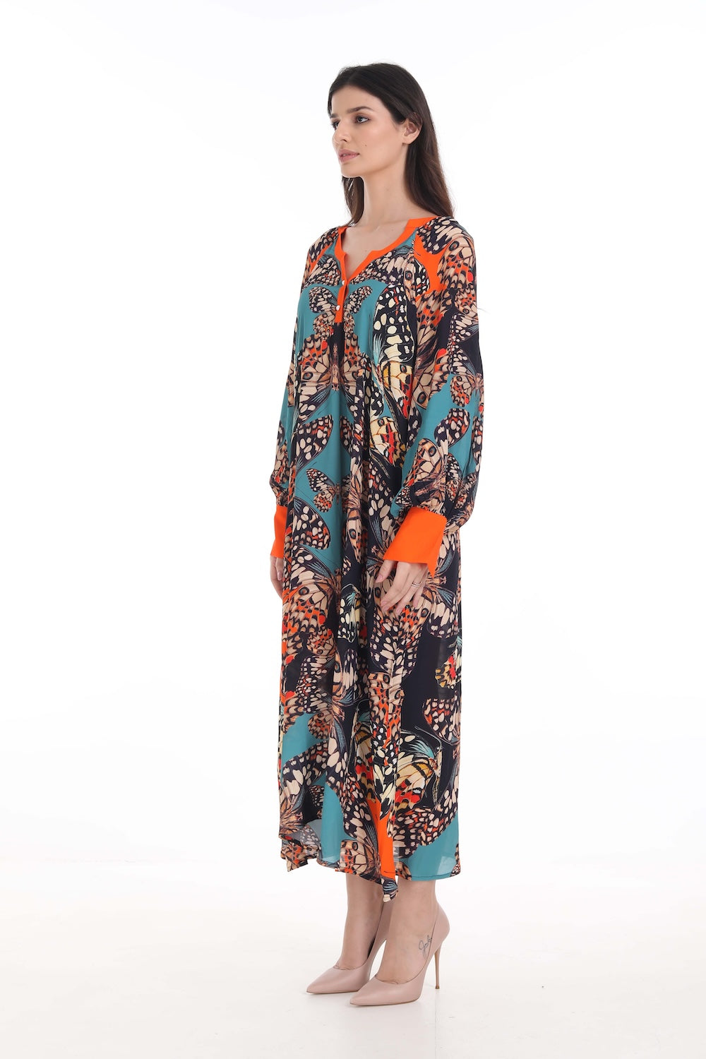 Side view of the Orange, White & Black Corasone Smock Dress (TheSwankStore) Soft Viscose fabric