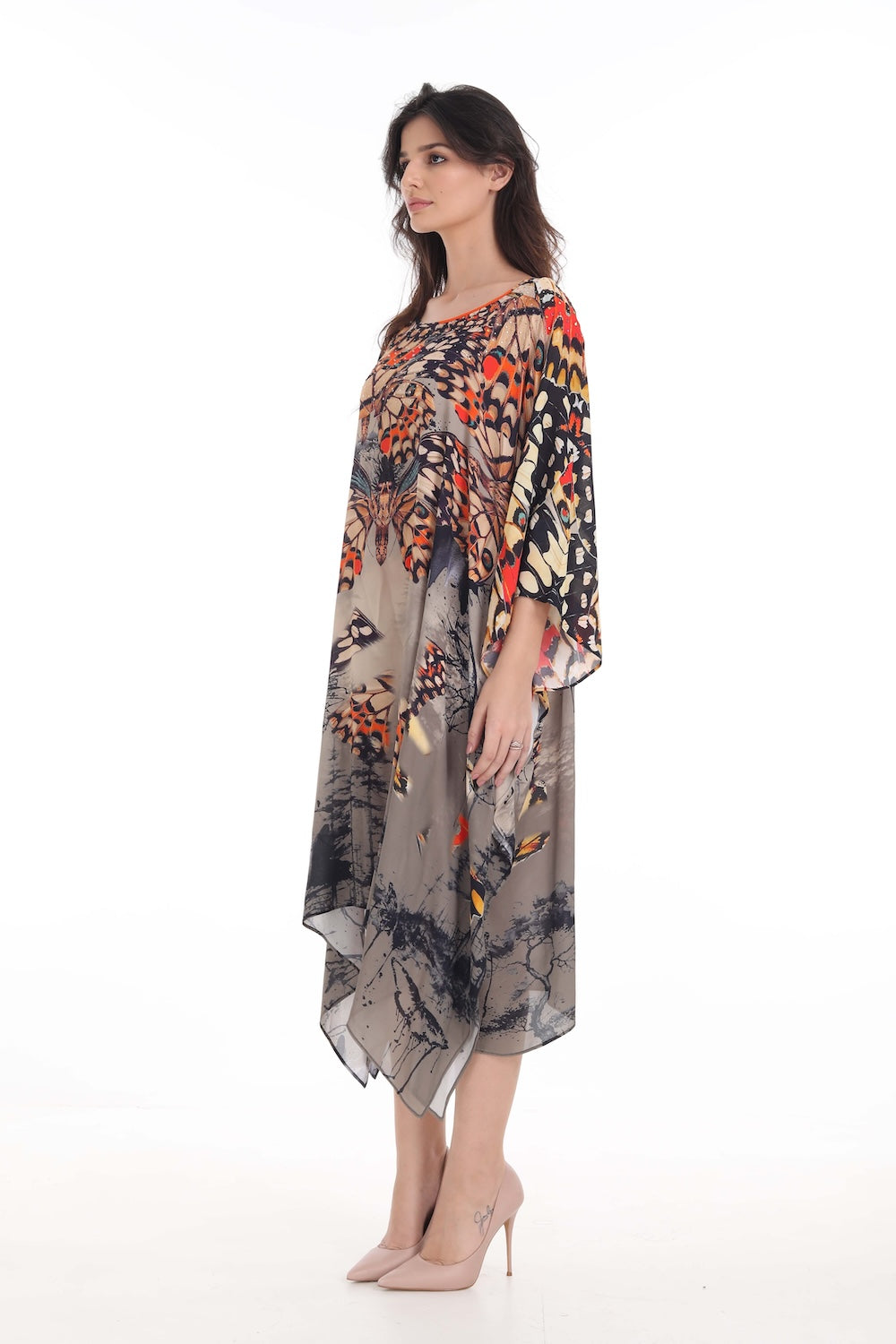Front view of the Orange, White & Black Corasone Short Kaftan (TheSwankStore) Soft Viscose fabric