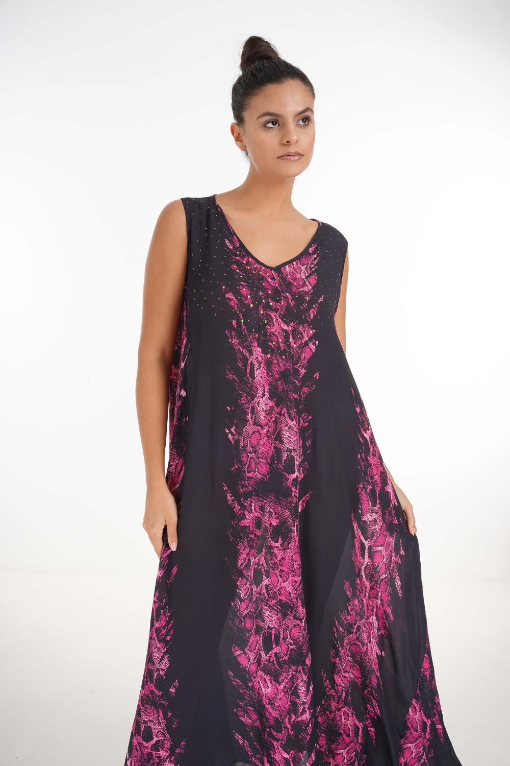 Front view of the Green, Pink & Black Seraphin Sleeveless Maxi Dress (TheSwankStore) Soft Viscose fabric