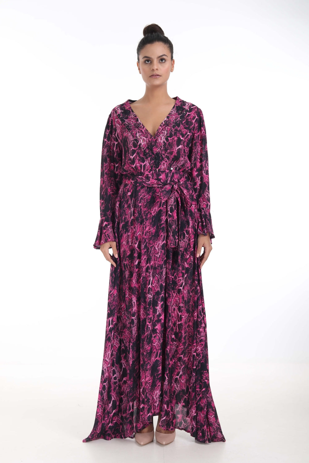 Front view of the Green, Yellow & Pink Seraphin Maxi Robe Dress (TheSwankStore) Soft Viscose fabric
