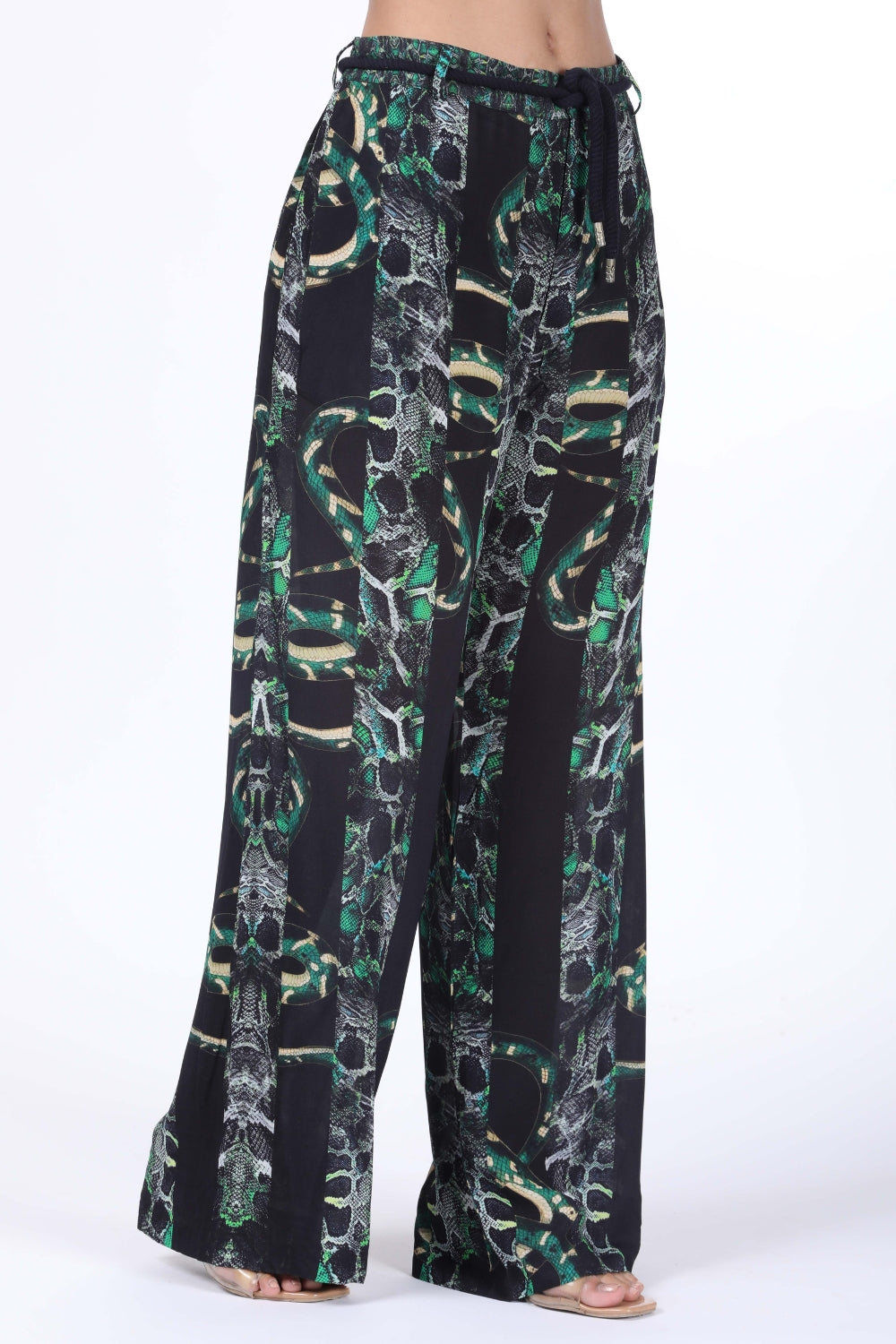 Side view of the Green, White & Black Seraphin Lucy Pants (TheSwankStore) Soft Viscose fabric