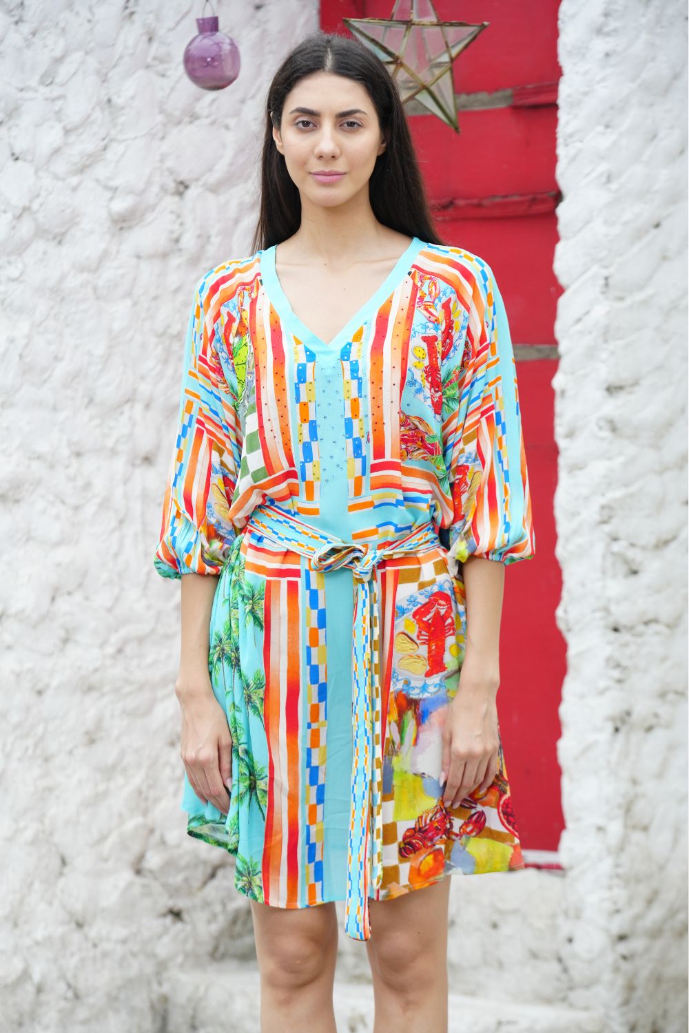 Front view of the Green, Yellow and Orange Lucciano Slit Sleeve Dress (TheSwankStore) Soft Viscose fabric