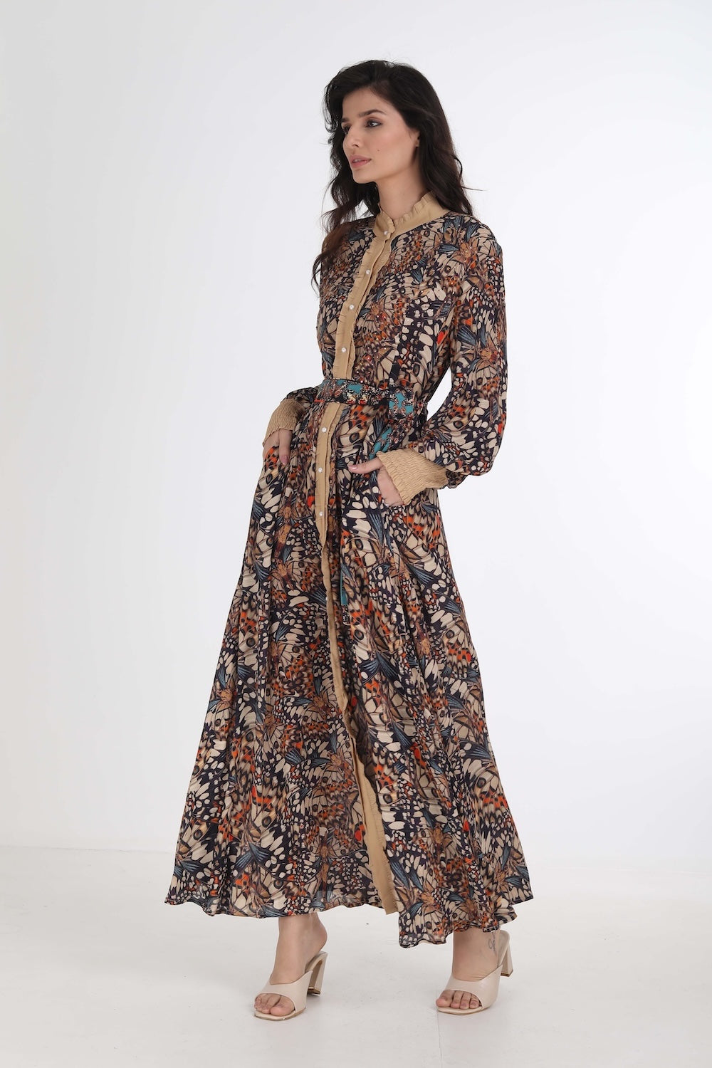 Front view of the Orange, White & Black Corasone Long Freya Dress (TheSwankStore) Soft Viscose fabric