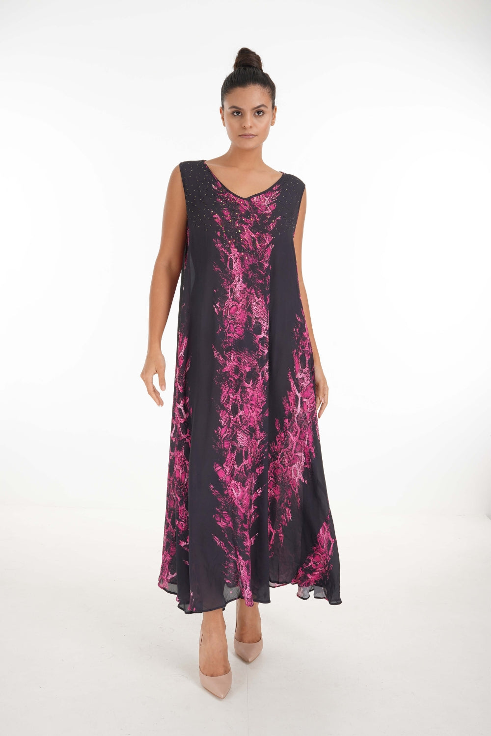 Front view of the Green, Pink & Black Seraphin Sleeveless Maxi Dress (TheSwankStore) Soft Viscose fabric