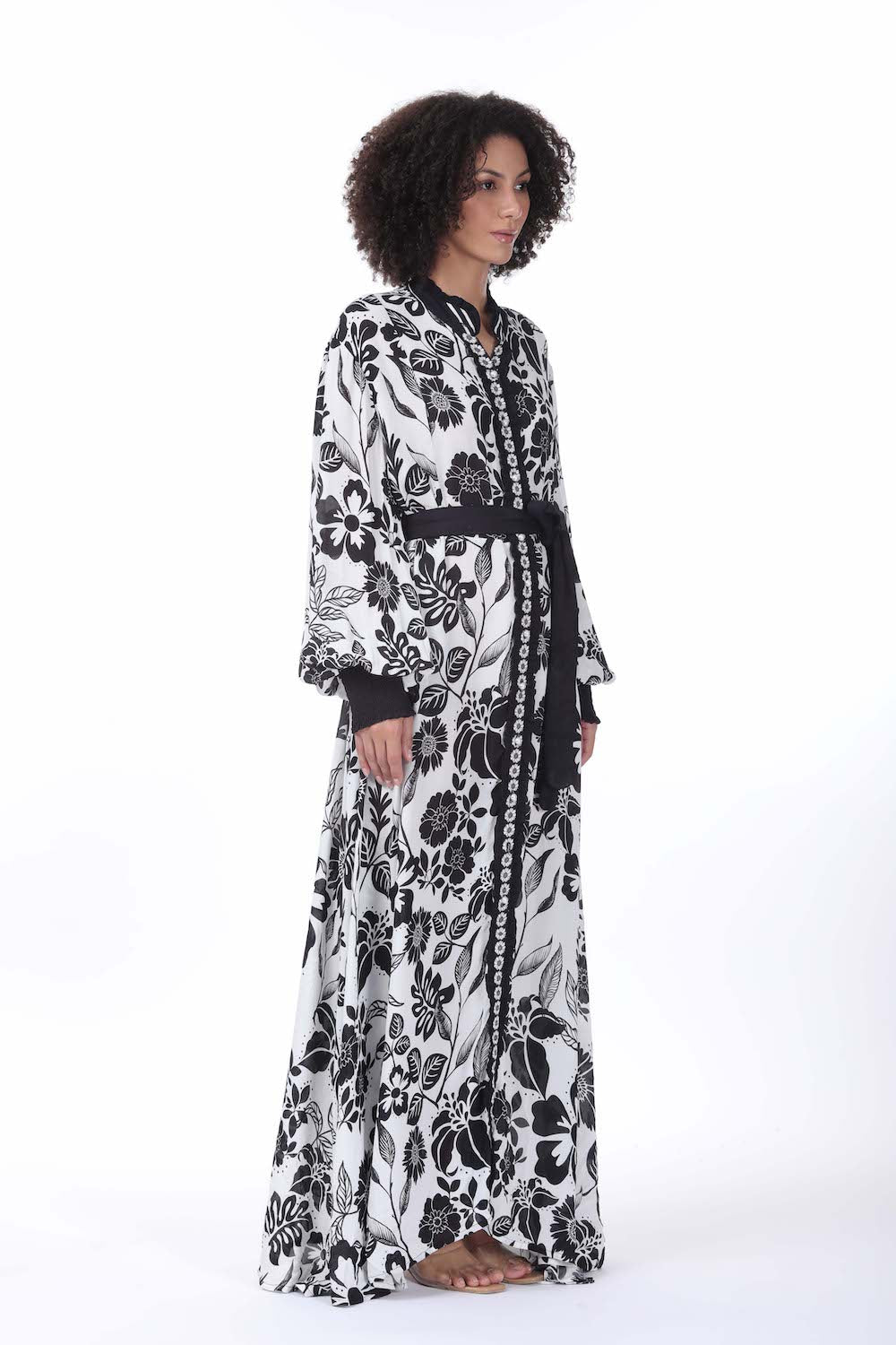 Side view of the black and white Avanti Long Freya Dress (TheSwankStore) with Viscose Crepe fabric