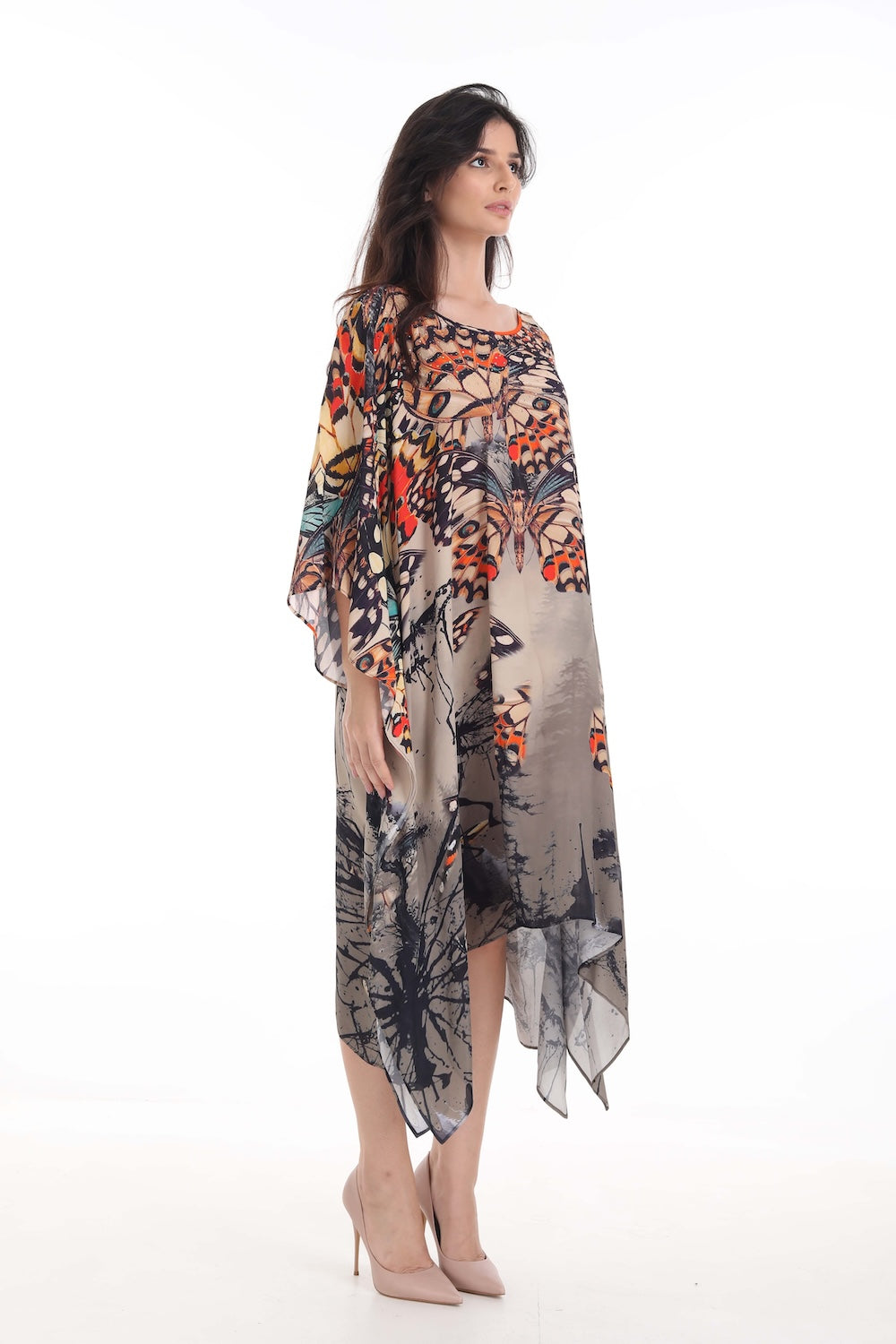 Side view of the Orange, White & Black Corasone Short Kaftan (TheSwankStore) Soft Viscose fabric