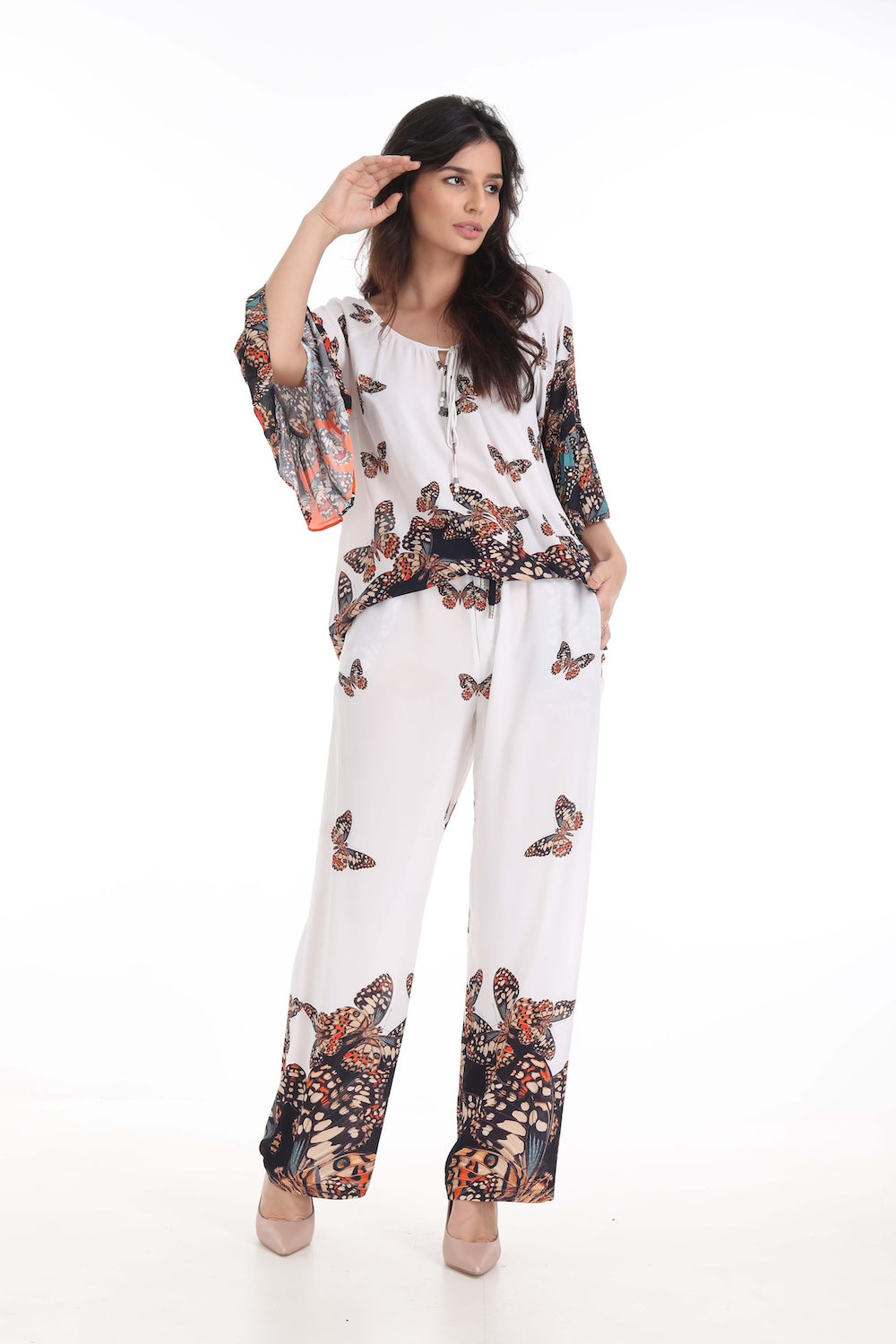 Front view of the Orange, White & Black Corasone Gypsy Tunic (TheSwankStore) Soft Viscose fabric