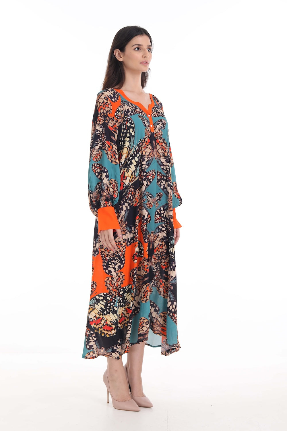 Side view of the Orange, White & Black Corasone Smock Dress (TheSwankStore) Soft Viscose fabric