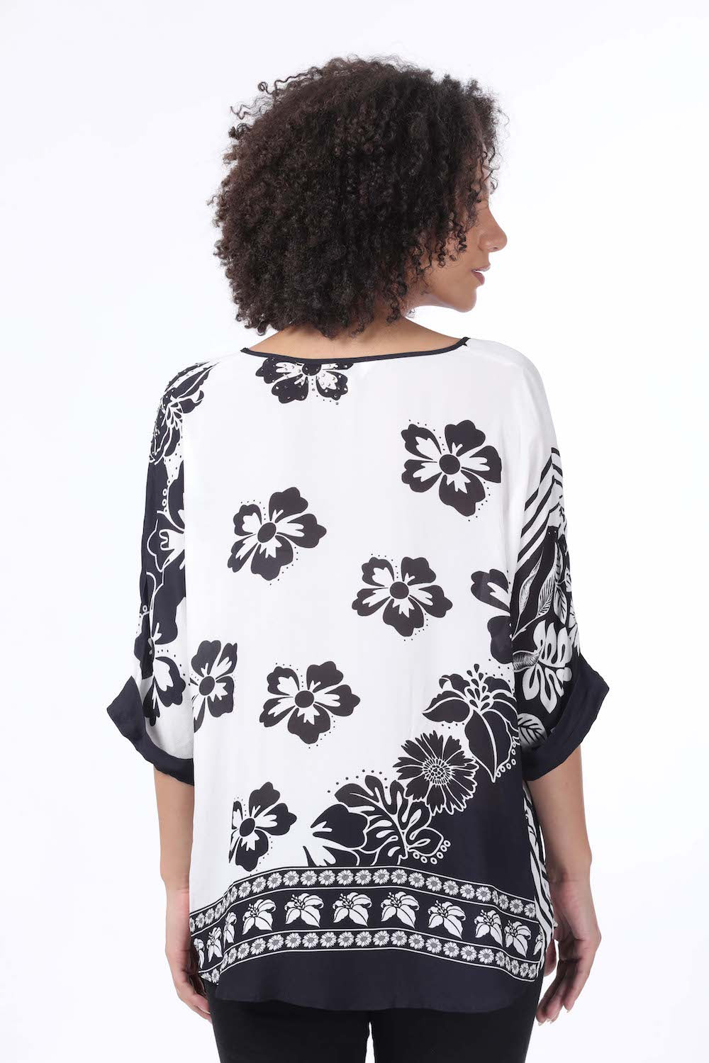 Back view of the black and white Avanti Kaftan Top Shorter Style (TheSwankStore) Premium 100% Soft Viscose Fabric
