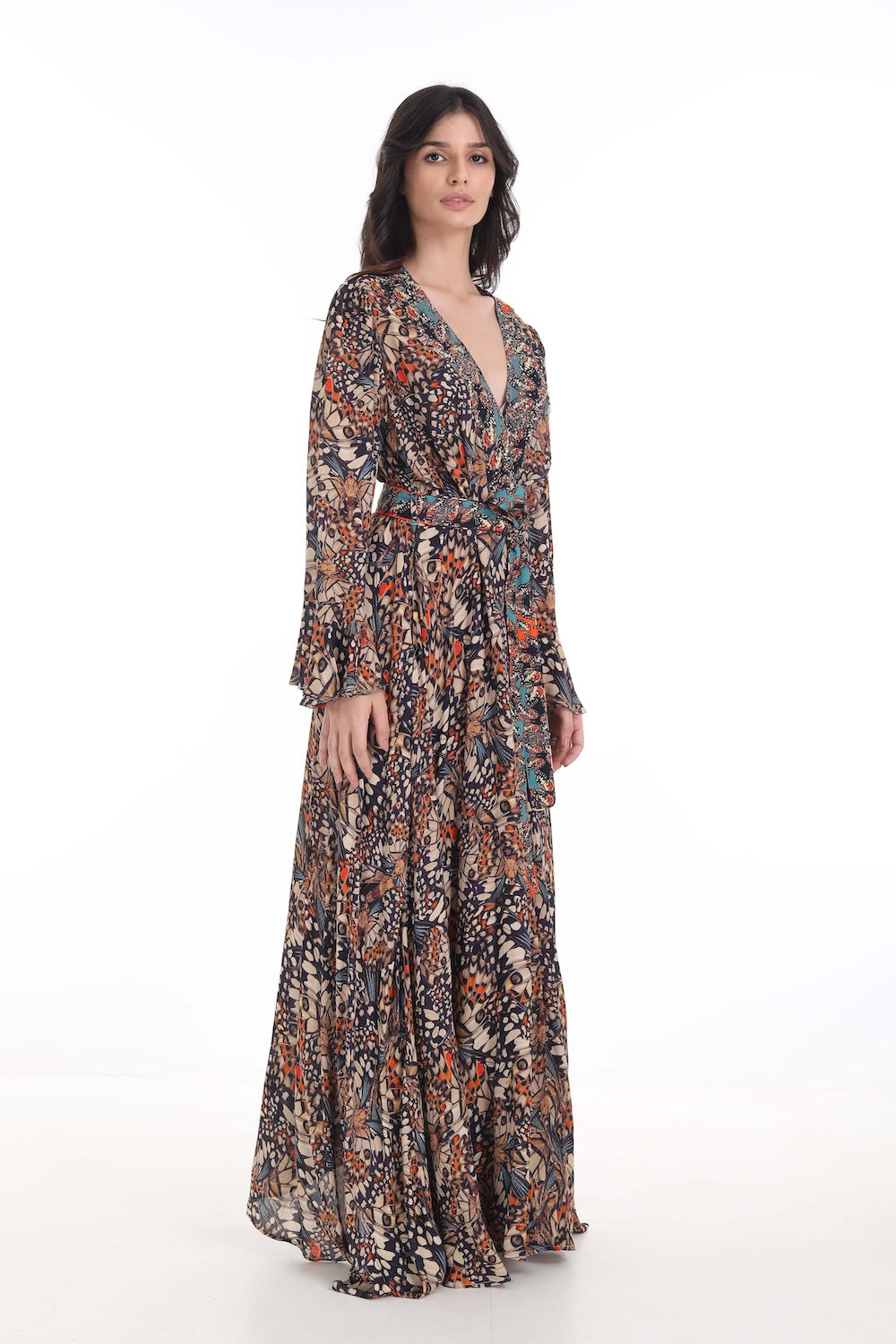 Side view of the Orange, White & Black Corasone Luxe Robe Gown (TheSwankStore) Soft Viscose fabric