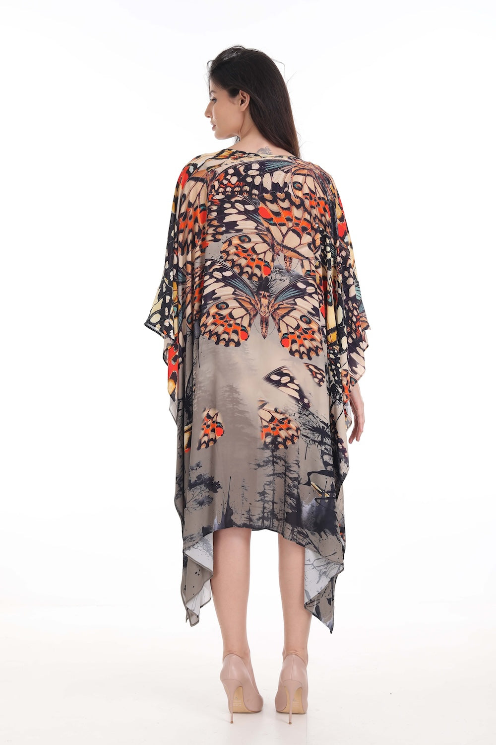 Back view of the Orange, White & Black Corasone Short Kaftan (TheSwankStore) Soft Viscose fabric