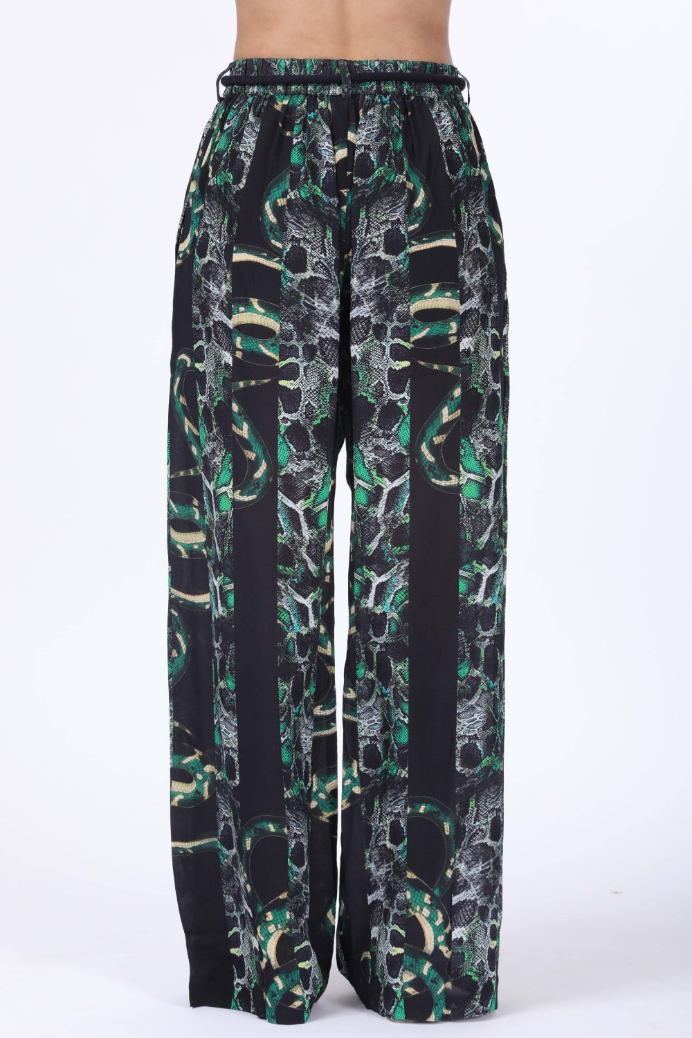 Back view of the Green, White & Black Seraphin Lucy Pants (TheSwankStore) Soft Viscose fabric