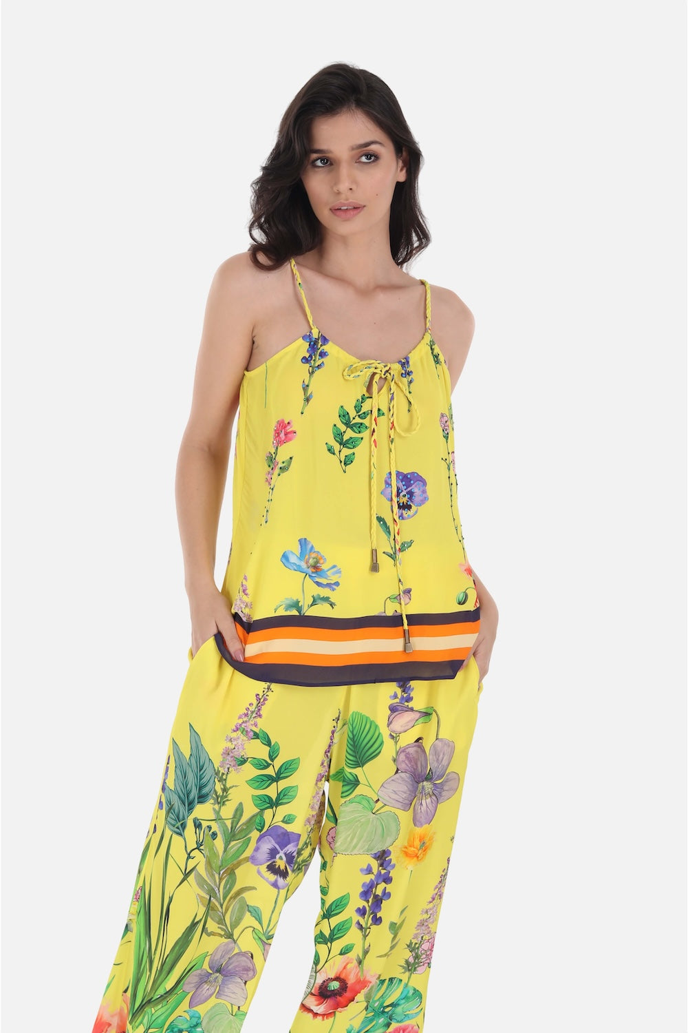 Yellow, green and black Calico Cami Top  (TheSwankStore) Viscose Crepe fabric