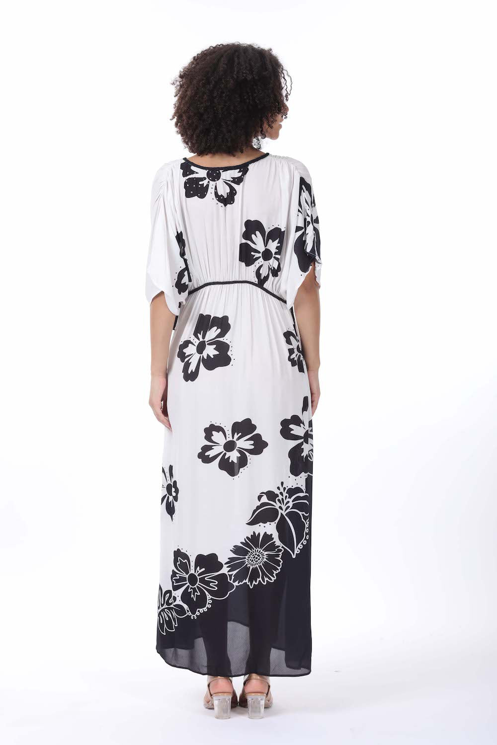 Back view of the black and white Avanti Long Kaftan (TheSwankStore) pure Viscose fabric
