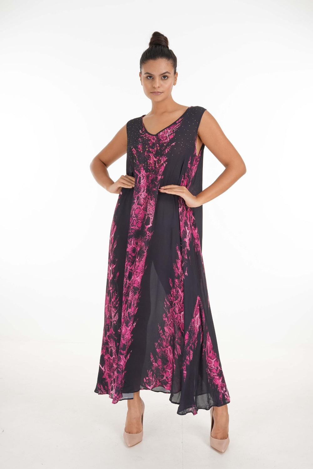 Front view of the Green, Pink & Black Seraphin Sleeveless Maxi Dress (TheSwankStore) Soft Viscose fabric
