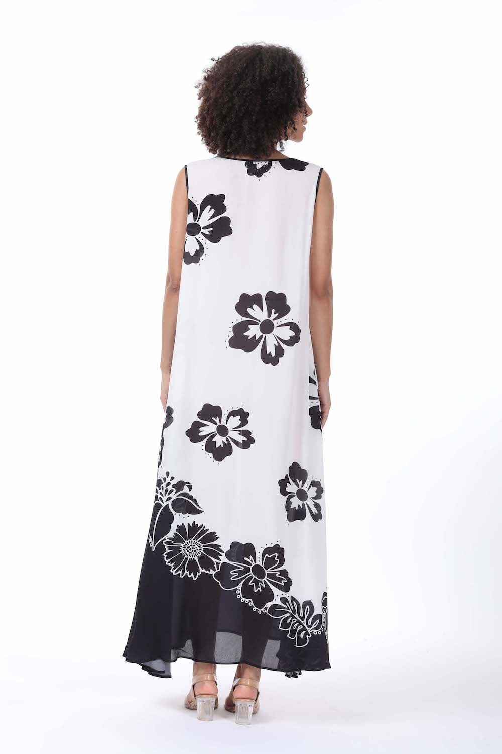Back view of the black and white Avanti Sleeveless Maxi Dress (TheSwankStore) Viscose Crepe fabric