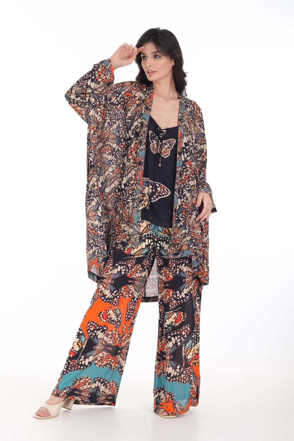 Front view of the Orange, White & Black Corasone Kimono Shrug (Short) (TheSwankStore) Soft Viscose fabric