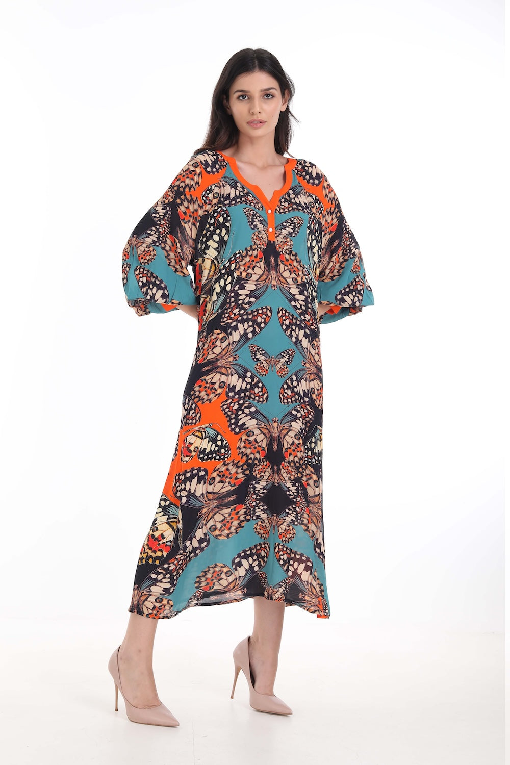 Front view of the Orange, White & Black Corasone Smock Dress (TheSwankStore) Soft Viscose fabric