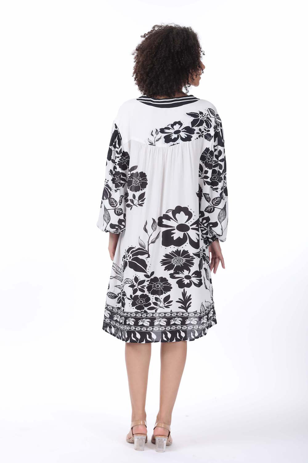 Back view of the black and white AVANTI Blouson Tunic Dress - Stylish Women's Outfit soft viscose fabric