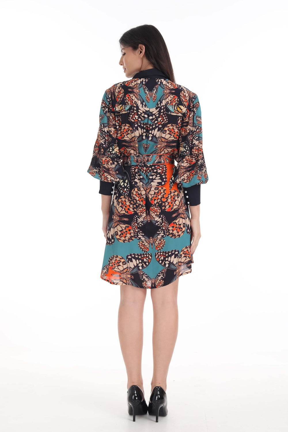 Back view of the Orange, White & Black Corasone Shirt Dress (TheSwankStore) Soft Viscose fabric