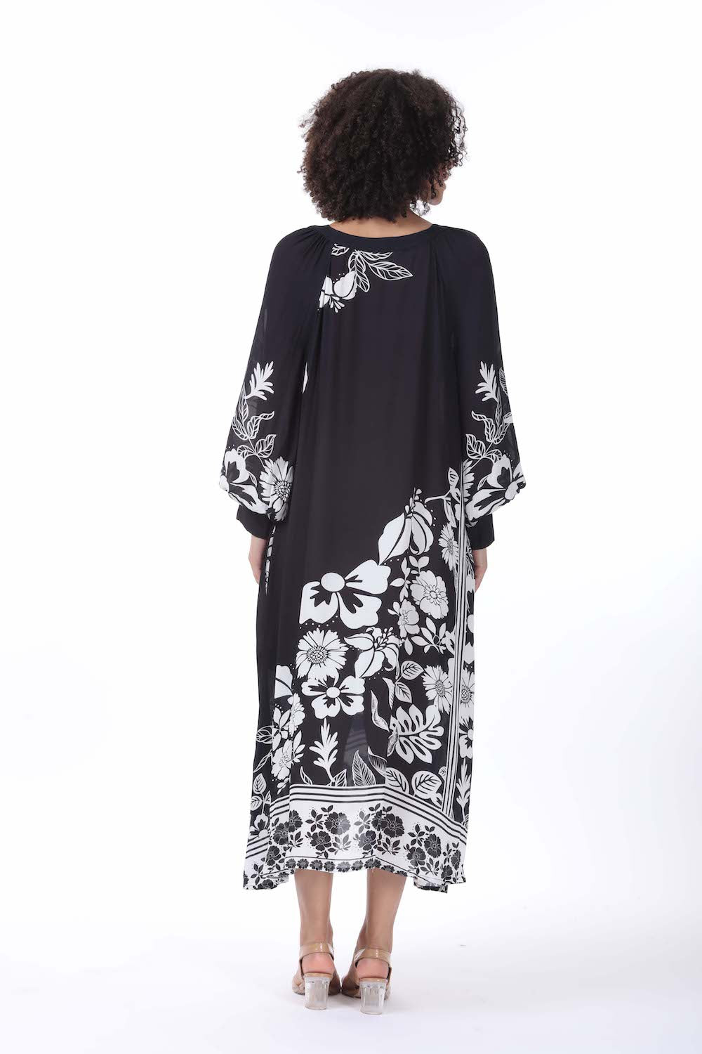 Back view of the black and white Avanti Smock Dress (TheSwankStore) Viscose Crepe fabric