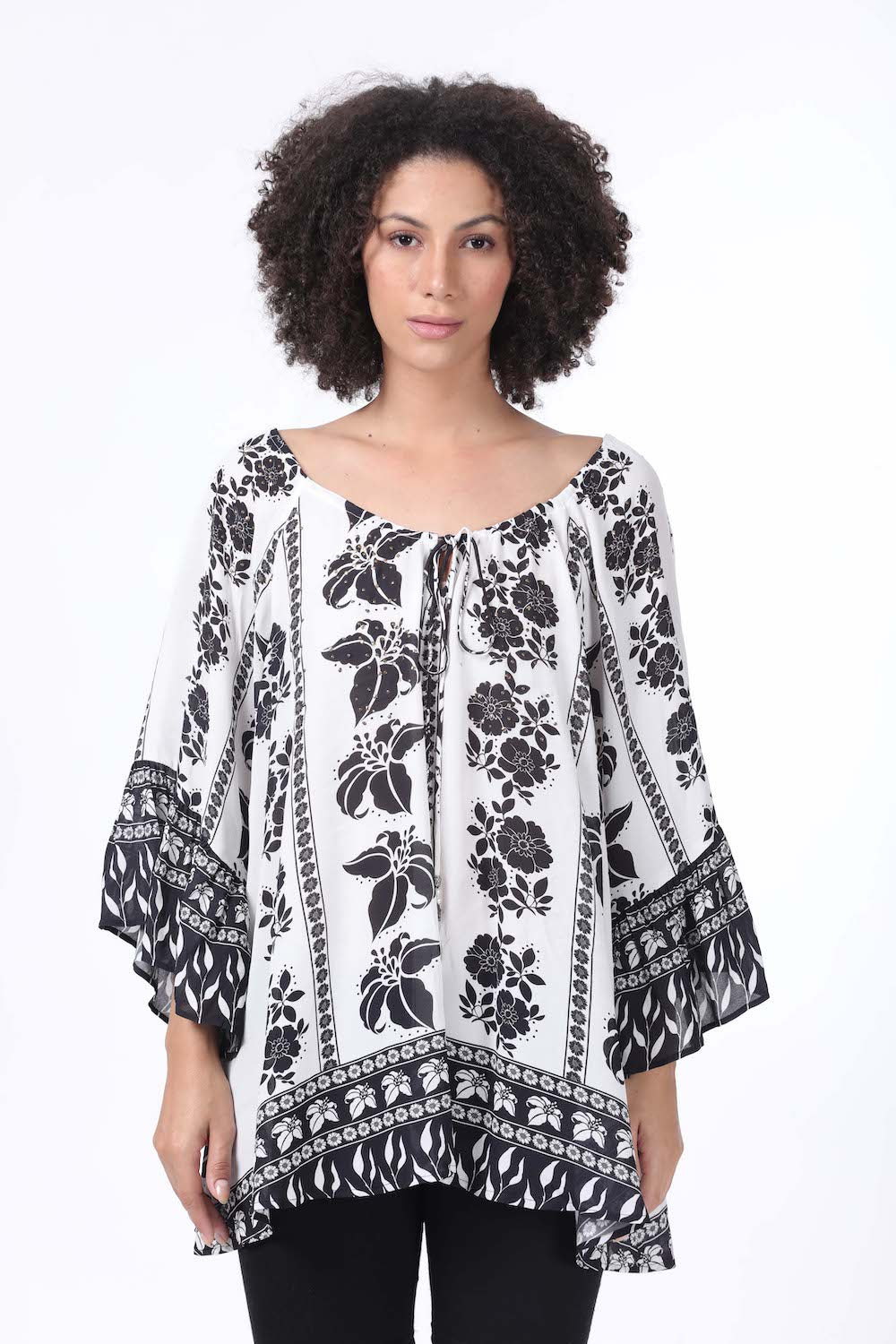 Front view of the black and white AVANTI GYPSY TUNIC Perfect style and comfort with Viscose fabric