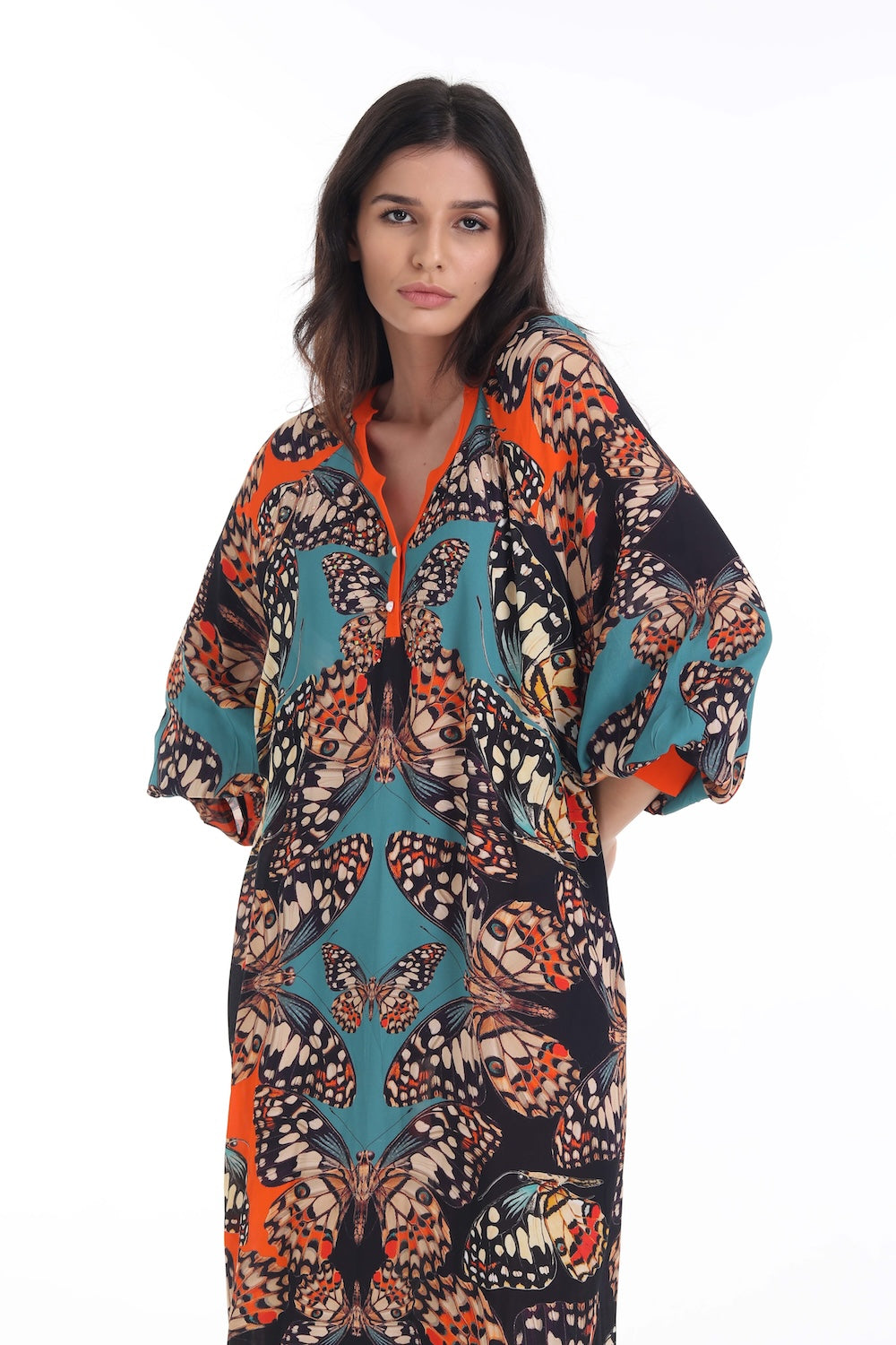 Front view of the Orange, White & Black Corasone Smock Dress (TheSwankStore) Soft Viscose fabric