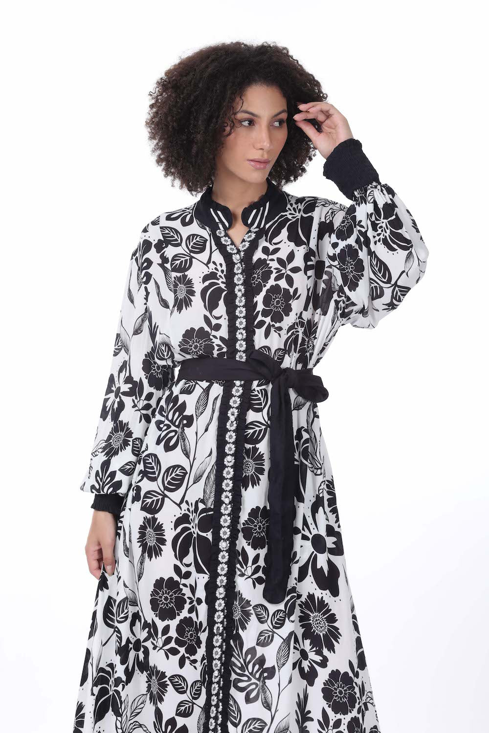 Front view of the black and white Avanti Long Freya Dress (TheSwankStore) with Viscose Crepe fabric