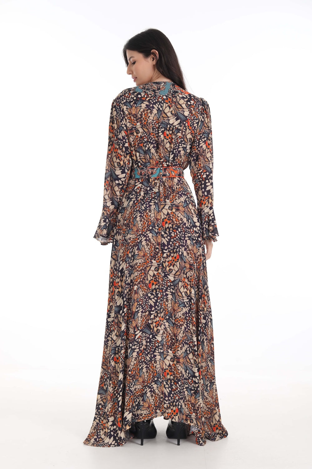 Back view of the Orange, White & Black Corasone Daisy Dress (TheSwankStore) Soft Viscose fabric