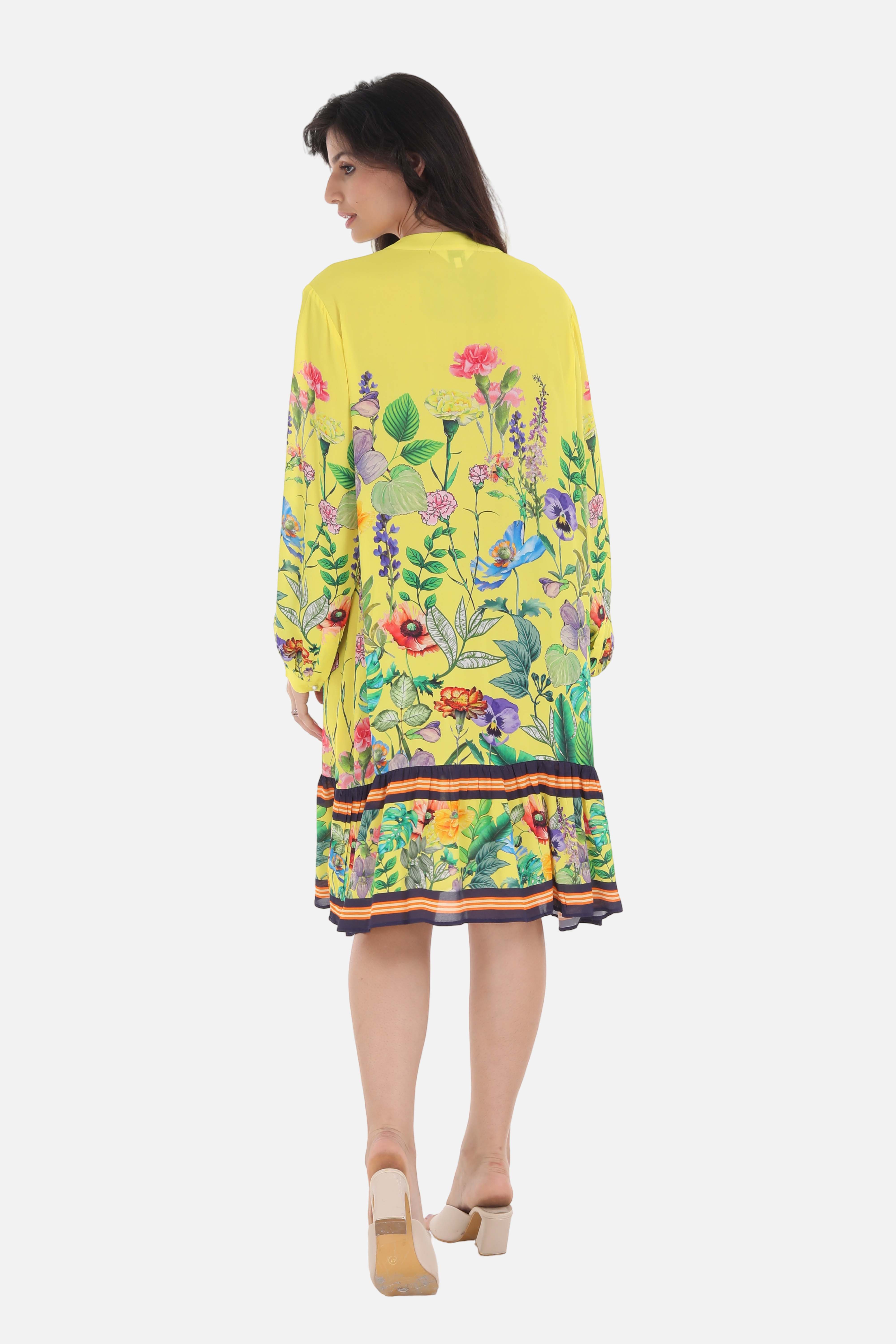 Back view of the Yellow and green Calico Ava Dress (TheSwankStore) Viscose Crepe fabric