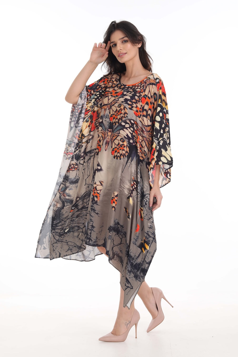 Front view of the Orange, White & Black Corasone Short Kaftan (TheSwankStore) Soft Viscose fabric