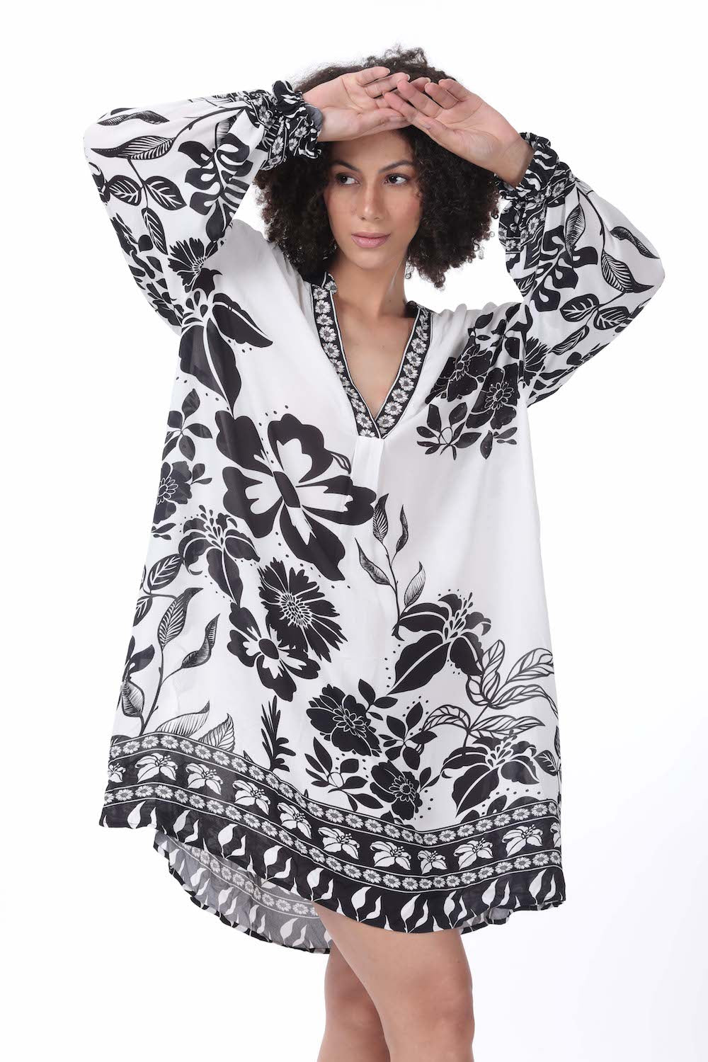 Front view of the black and white AVANTI Blouson Tunic Dress - Stylish Women's Outfit soft viscose fabric