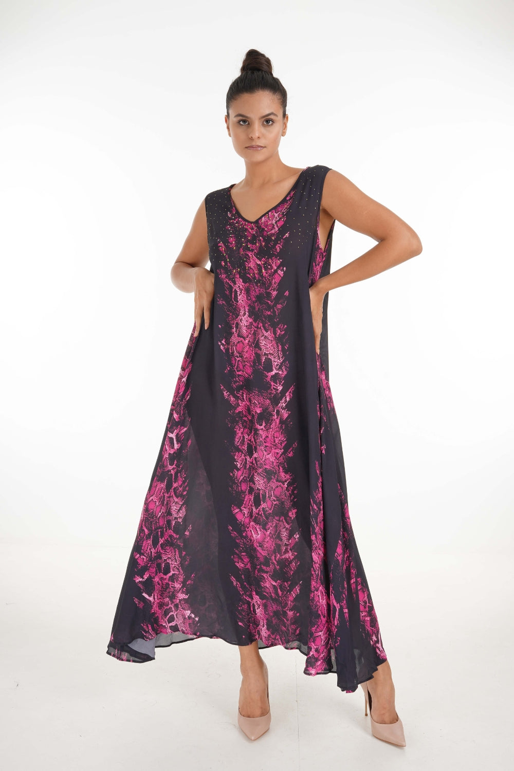Front view of the Green, Pink & Black Seraphin Sleeveless Maxi Dress (TheSwankStore) Soft Viscose fabric