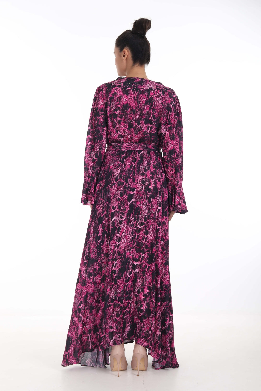 Back view of the Green, Yellow & Pink Seraphin Maxi Robe Dress (TheSwankStore) Soft Viscose fabric