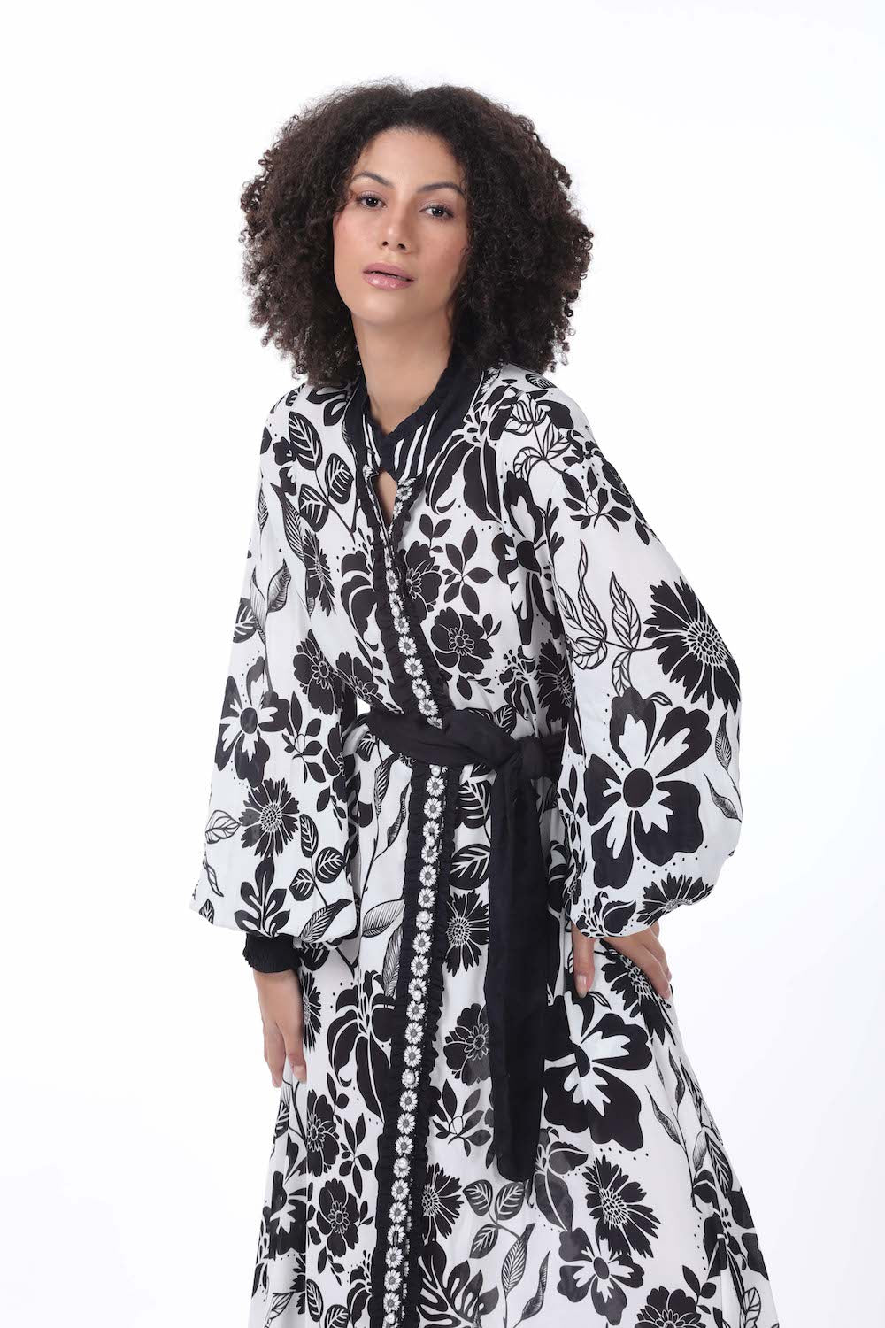 Front view of the black and white Avanti Long Freya Dress (TheSwankStore) with Viscose Crepe fabric