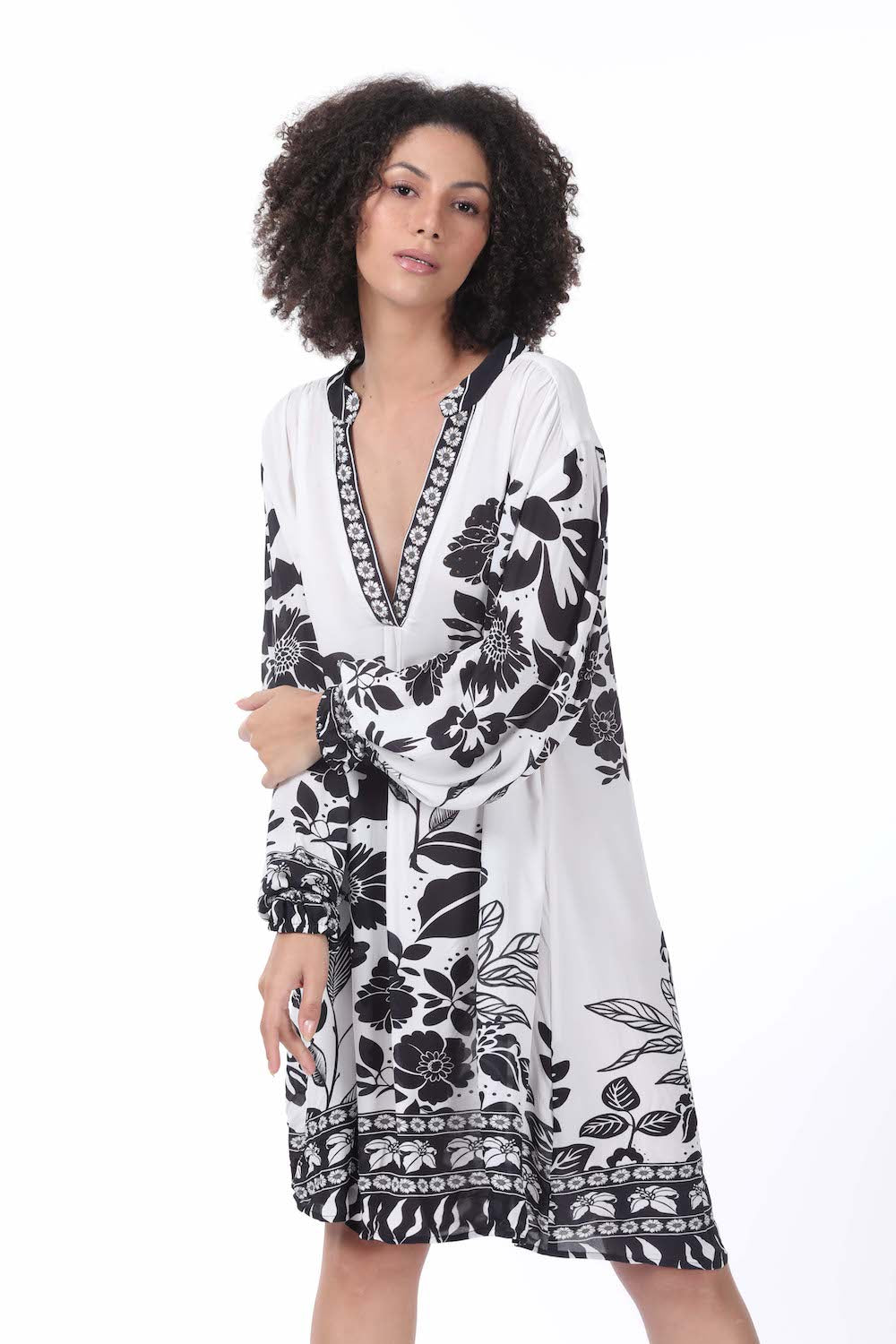 Front view of the black and white AVANTI Blouson Tunic Dress - Stylish Women's Outfit soft viscose fabric