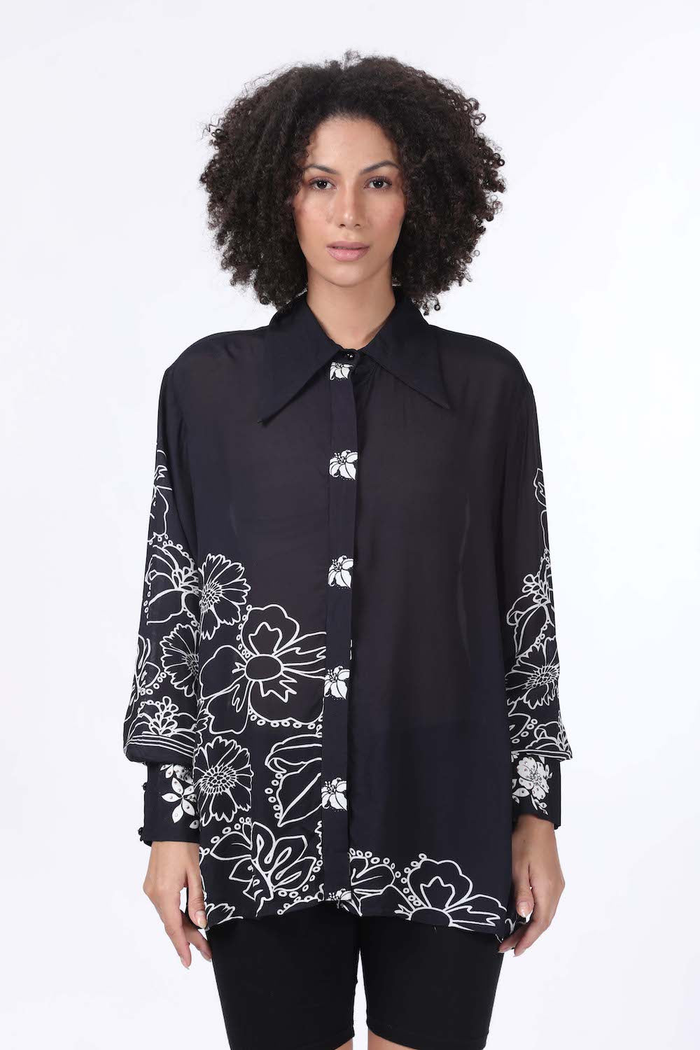 Front view of the black and white AVANTI - COLLAR SHIRT 100% Viscose Fabric