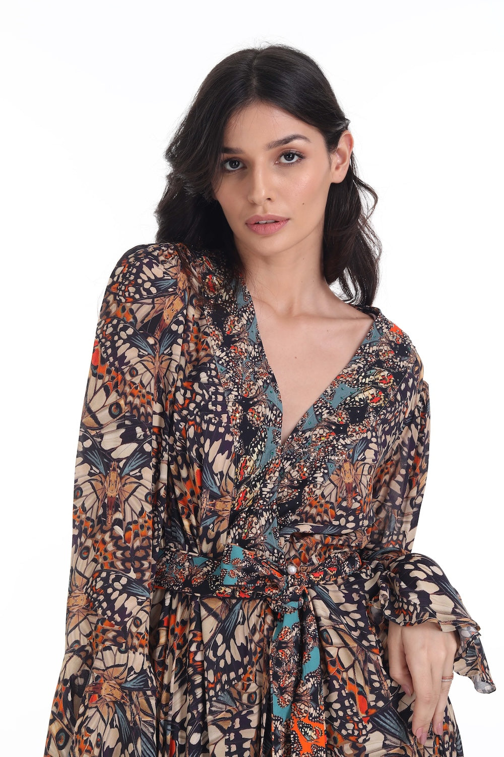 Front view of the Orange, White & Black Corasone Luxe Robe Gown (TheSwankStore) Soft Viscose fabric