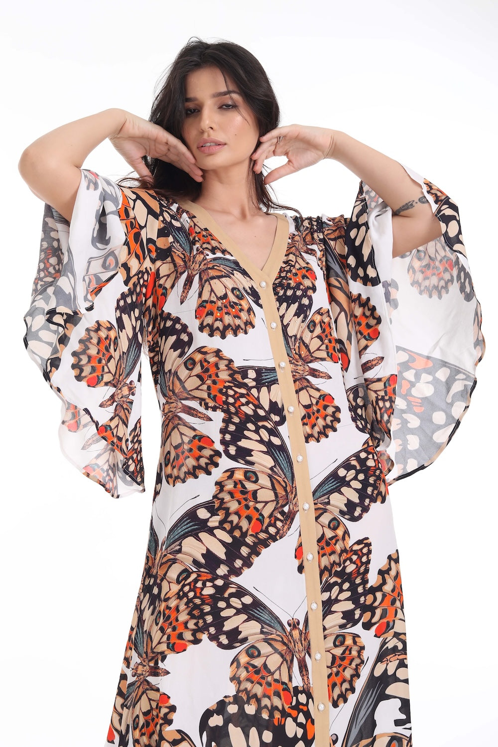 Front view of the Orange, White & Black Corasone Maxi Sun Dress (TheSwankStore) Soft Viscose fabric