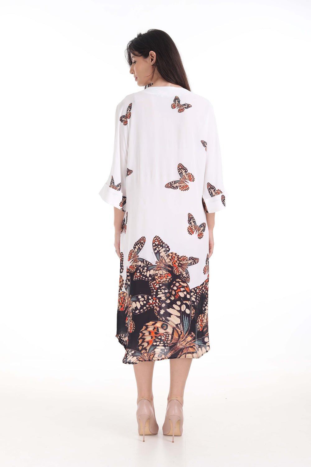 Back view of the Orange, White & Black Corasone Midi Dress With Short Sleeve (TheSwankStore) Soft Viscose fabric